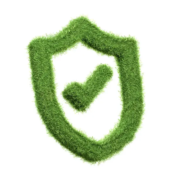Grön Gräs Texturerad Markering Inom Sköld Symboliserar Skydd Godkännande Och — Stockfoto
