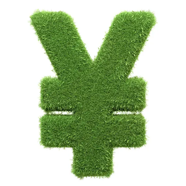 白い背景に隔離された活気に満ちた緑の草で描かれた日本円の通貨シンボルは 繁栄と環境に優しい経済を表しています 3Dレンダリングイラスト — ストック写真