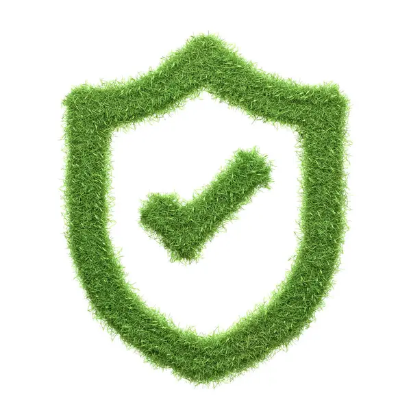 Green Grass Textured Checkmark Shield Symbolizing Protection Approval Commitment Environmental — Stock Photo, Image