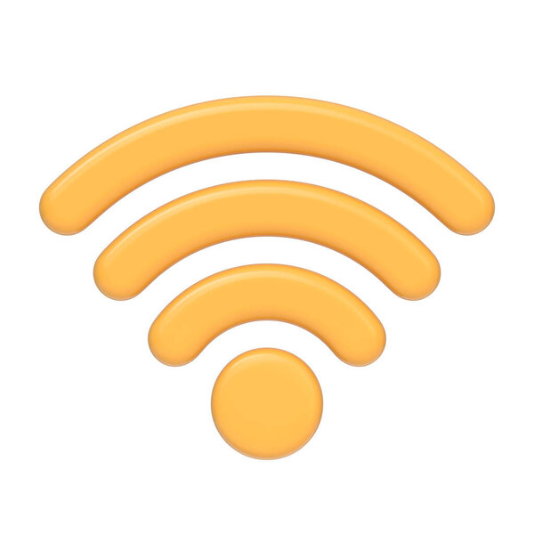 Желтый значок сигнала Wi-Fi, представляющий беспроводное подключение к Интернету, изолирован на белом фоне. 3D иконка, знак и символ. Вид спереди. 3D-визуализация