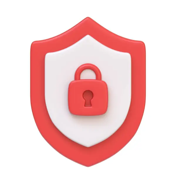 赤いセキュリティシールドは中央のロックアイコンで 白い背景に隔離されたサイバーセキュリティと保護を示しています 3Dアイコン サイン シンボル フロントビュー 3Dレンダリングイラスト — ストック写真