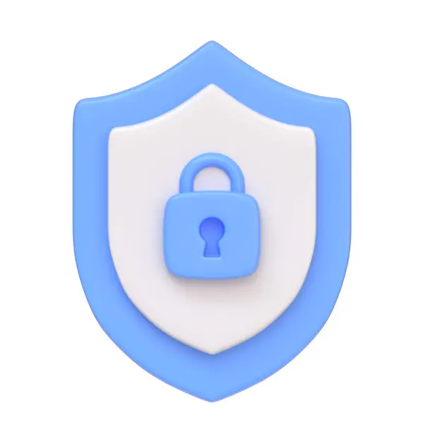 中心にロックアイコンが付いた青いセキュリティシールドは 白い背景に隔離されたサイバーセキュリティと保護を示しています 3Dアイコン サイン シンボル フロントビュー 3Dレンダリングイラスト — ストック写真