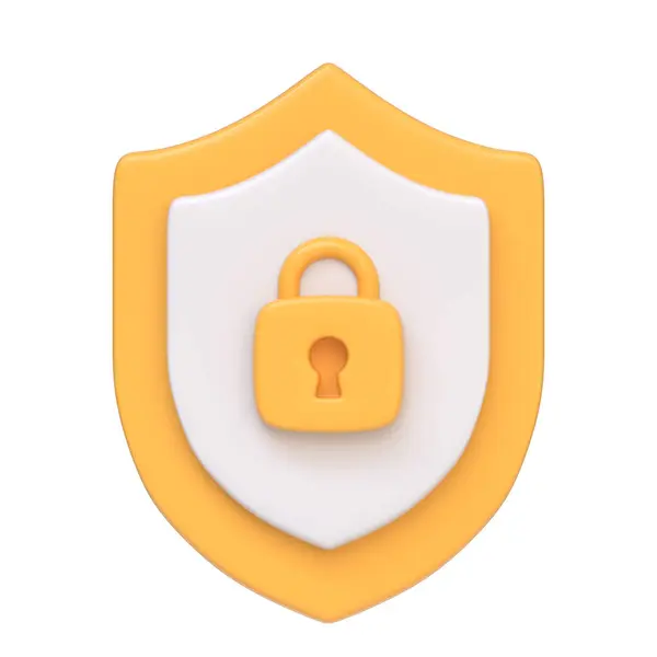 Żółta Tarcza Ikoną Zamka Środku Przedstawiająca Cyberbezpieczeństwo Ochronę Odizolowana Białym — Zdjęcie stockowe