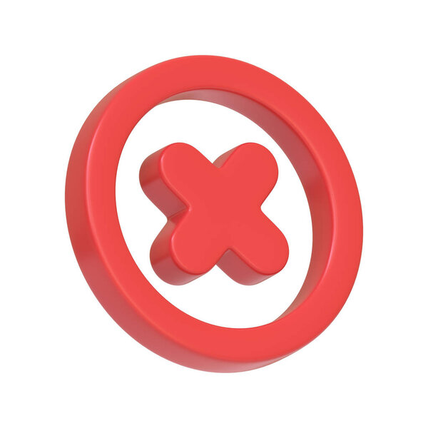 A red circular button with a cross in the center isolated on a white background, commonly used as an icon for error or close functions. 3D icon, sign and symbol. Side view. 3D Render Illustration