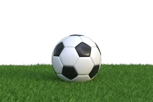 Traditional Black White Soccer Ball Rests Vibrant Green Grass Pitch — Stock Photo, Image