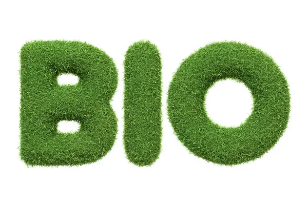 Bio这个词带有浓郁的绿草质感 与白色背景隔离 象征着生态友好和有机生活 3D渲染示例 — 图库照片#
