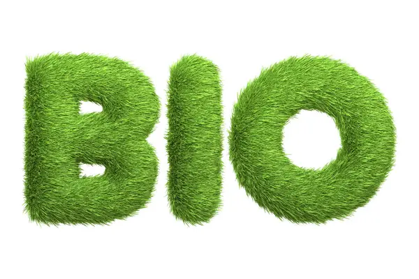 Bio这个词带有浓郁的绿草质感 与白色背景隔离 象征着生态友好和有机生活 3D渲染示例 — 图库照片#