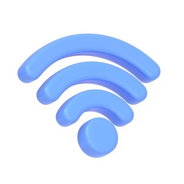 Mavi Wi-Fi sinyal simgesi, kablosuz internet bağlantısını temsil ediyor, beyaz arka planda izole edilmiş. 3 boyutlu simge, imza ve sembol. Yan görüş. 3 Boyutlu Resim Çizimi