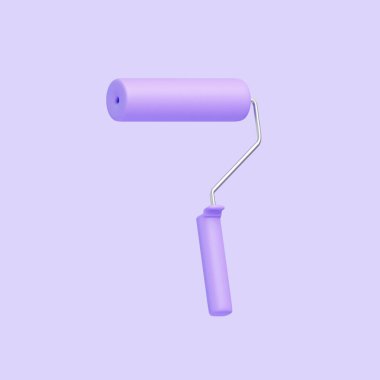 Pürüzsüz lavanta arkaplanlı, parlak bir tasarımı olan mor boya silindiri. Simge, imza ve sembol. Yan görüş. 3 Boyutlu Resim Çizimi
