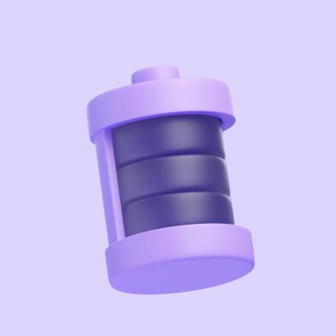 Tek renkli mor palette enerji ve gücü sembolize eden bir pil şarj göstergesinin basitleştirilmiş, modern tasarımı. Simge, imza ve sembol. Yan görüş. 3 Boyutlu Resim Çizimi