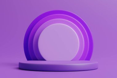 Bir podyumda mor eşmerkezli kemerler seti, lavanta arka planda sergilenen ürünler için modern ve minimalist bir zemin oluşturuyor. 3 Boyutlu resimleme