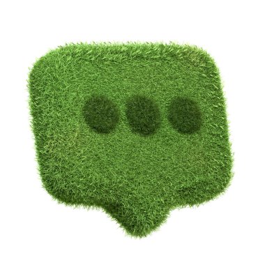 Beyaz arka planda izole edilmiş yeşil çimlerden yapılmış bir konuşma balonu ikonu, çevre dostu iletişimi ve doğal mesajlaşma kavramlarını sembolize ediyor. 3 Boyutlu resimleme