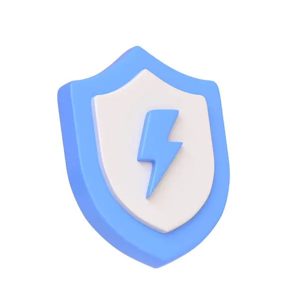 蓝色护盾的特点是闪电 象征能量或电保护 隔离在白色背景 3D图标 符号和符号 侧视图 3D渲染说明 — 图库照片