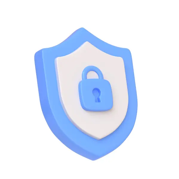 中心にロックアイコンが付いた青いセキュリティシールドは 白い背景に隔離されたサイバーセキュリティと保護を示しています 3Dアイコン サイン シンボル サイドビュー 3Dレンダリングイラスト — ストック写真