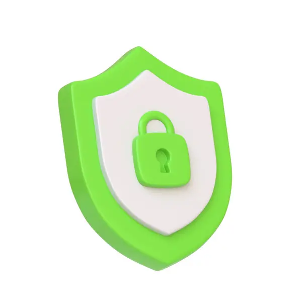 グリーンセキュリティシールドは中央にロックアイコンが付いていて 白い背景に隔離されたサイバーセキュリティと保護を描いています 3Dアイコン サイン シンボル サイドビュー 3Dレンダリングイラスト — ストック写真