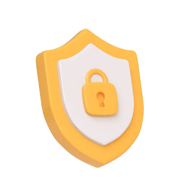 黄色的安全盾 中间有一个锁图标 描绘网络安全和保护 白色背景隔离 3D图标 符号和符号 侧视图 3D渲染说明 — 图库照片