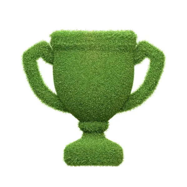 Trophy Icon Covered Lush Green Grass Isolated White Background Representing — Stock Photo, Image