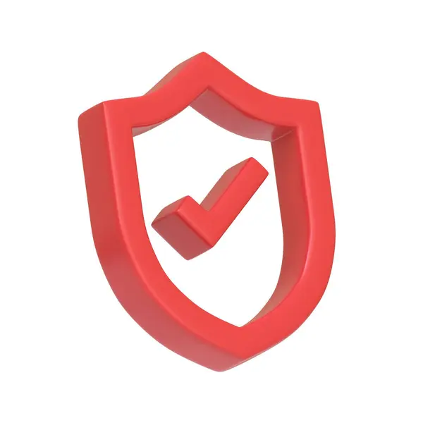 赤いシールドは大胆なチェックマークで 白い背景で分離された安全 セキュリティ 確認された検証を象徴しています 3Dアイコン サイン シンボル サイドビュー 3Dレンダリングイラスト — ストック写真