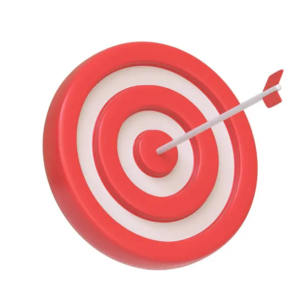 赤と白のターゲットは ブルズアイを打つ矢印 目標達成を象徴し 白い背景で孤立した成功を示しています アイコン サイン シンボル サイドビュー 3Dレンダリング — ストック写真