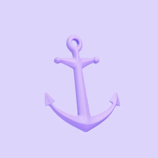 A minimalist design featuring a single lavender-colored anchor centered against a plain purple background. Icon, sign and symbol. Side view. 3D Render illustration