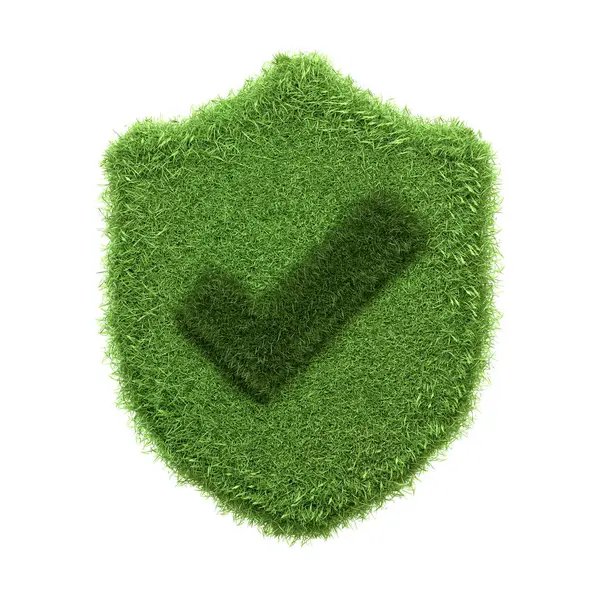Ikona Kształcie Tarczy Znakiem Kontrolnym Oba Zaprojektowane Zieloną Konsystencją Trawy — Zdjęcie stockowe