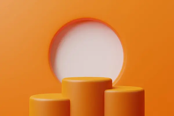 Trzy Pomarańczowe Cylindryczne Podium Pasującym Tle Okrągłym Wycięciem Idealne Prezentacji — Zdjęcie stockowe