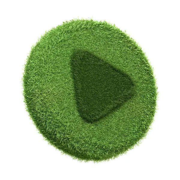 一个迷人的游戏按钮图标包裹在绿色的草地上 白色背景隔离 象征着数字娱乐与生态意识生活的融合 3D渲染说明 — 图库照片