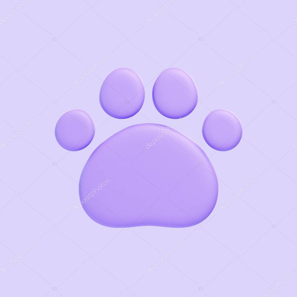 Simplified purple paw print with a soft gradient on a clean background. Icon, sign and symbol. Front view. 3D Render illustration