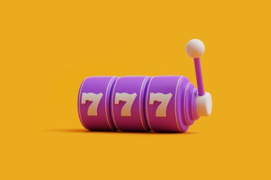 Canlı bir mor slot makinesi, canlı sarı arkaplana karşı kazanan üçlü yedi kombinasyonunu gösterir. 3 Boyutlu resimleme