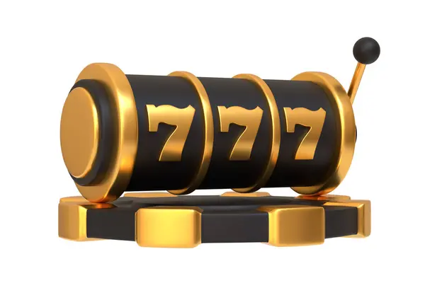 富と高い賭けのギャンブルを表す 白い背景に孤立した幸運な番号777を示す光沢のある金色の仕上げのエレガントなブラックスロットマシン 3Dレンダリングイラスト — ストック写真