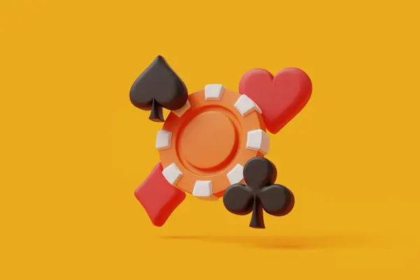 Vibrant Orange Background Featuring Red Casino Chip Heart Spade Symbols — Stock Photo, Image
