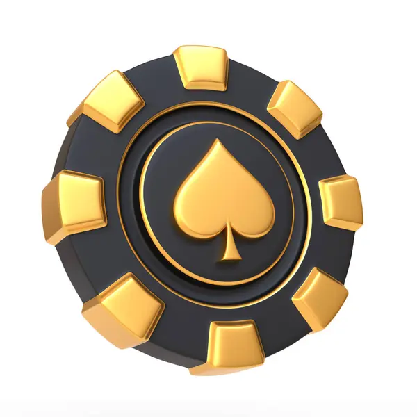 Black Casino Chip Featuring Prominent Golden Spade Symbol Isolated White — Stock Photo, Image