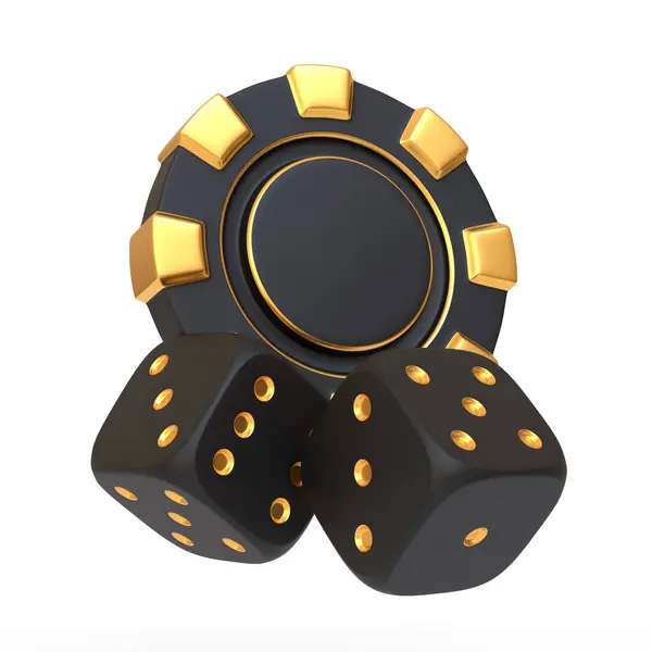 Elegant black dice with golden points next to a casino chip isolated on a white background, evoking the thrill of gambling. 3D render illustration