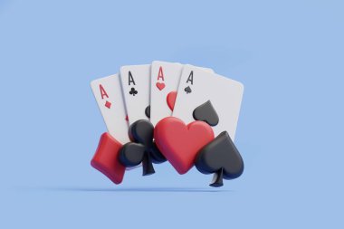Dört aslı güçlü bir el, renkli poker fişleri ile karıştırılmış, yatıştırıcı açık mavi bir arka plan üzerine kurulmuş, yüksek rütbeli kart eller anlamına gelir. 3 Boyutlu resimleme