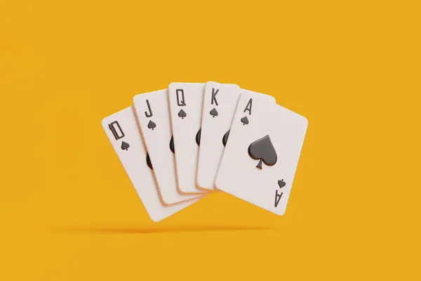 stock image Perfect spade royal flush playing cards spread on a vivid orange background. 3D render illustration