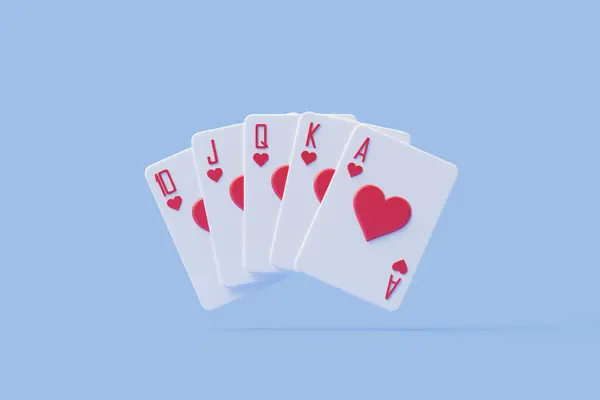 stock image A royal flush poker hand of hearts suit displayed against a plain blue backdrop, evoking concepts of luck and strategy. 3D render illustration