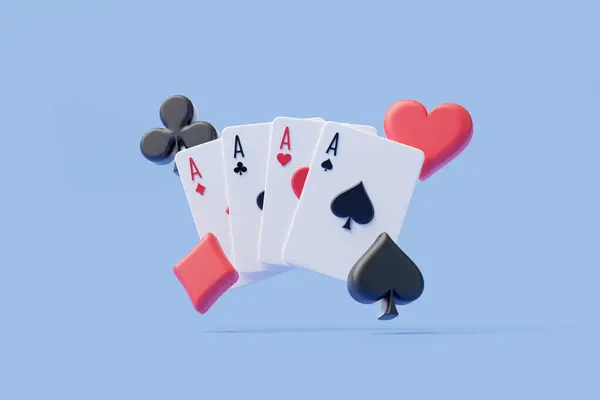 stock image Floating in a serene blue space, four aces drift above vibrant poker chips, creating a whimsical yet powerful depiction of a winning poker hand. 3D render illustration