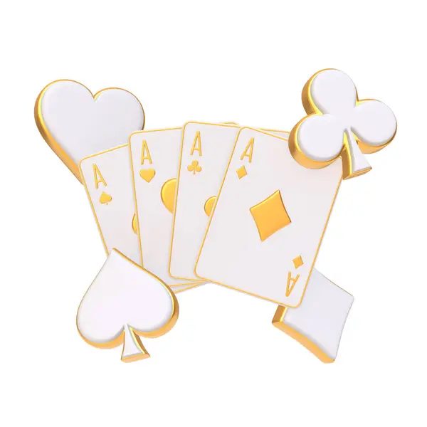 A collection of aces, each card detailed with golden accents, spread in an inviting fan on a white backdrop, embodying both classic style and modern luxury. 3D render illustration
