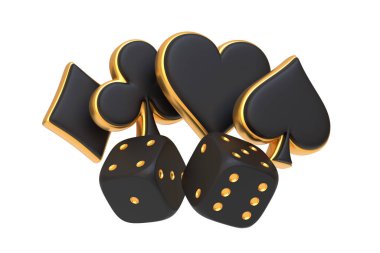 Beyaz bir arka planda izole edilmiş siyah zarlar ve altın kenarlı poker takımları yüksek bahisli bir kumar deneyimini simgeliyor. 3 Boyutlu resimleme