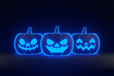 Siyah arka planda parlak parlak mavi neon ışıkları olan balkabağı Jack-o-Lantern. Mutlu Cadılar Bayramı konsepti. Geleneksel Ekim tatili. 3 Boyutlu resimleme