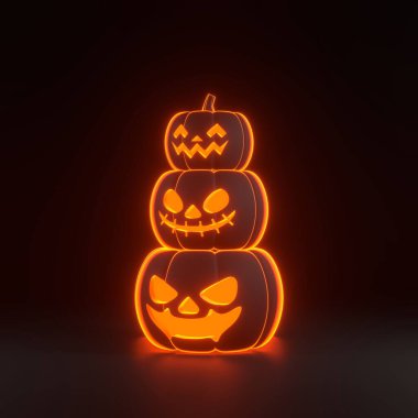 Siyah arka planda parlak parlak turuncu neon ışıkları olan balkabağı Jack-o-Lantern. Mutlu Cadılar Bayramı konsepti. Geleneksel Ekim tatili. 3 Boyutlu resimleme