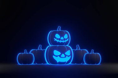 Siyah arka planda parlak parlak mavi neon ışıkları olan balkabağı Jack-o-Lantern. Mutlu Cadılar Bayramı konsepti. Geleneksel Ekim tatili. 3 Boyutlu resimleme