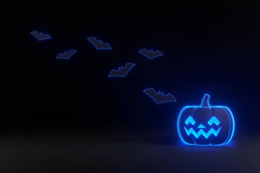 Balkabağı Jack-o-Lantern balkabağı ve parlak parlak parlak parlak parlak parlak neon ışıkları olan yarasalar. Mutlu Cadılar Bayramı konsepti. Geleneksel Ekim tatili. 3 Boyutlu resimleme