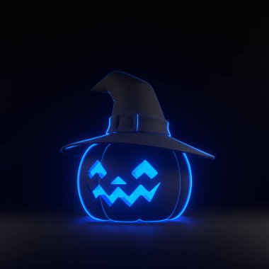 Jack-o-Lantern balkabakları siyah arka planda parlak parlak mavi neon ışıkları olan cadı şapkası takıyor. Mutlu Cadılar Bayramı konsepti. Geleneksel Ekim tatili. 3 Boyutlu resimleme