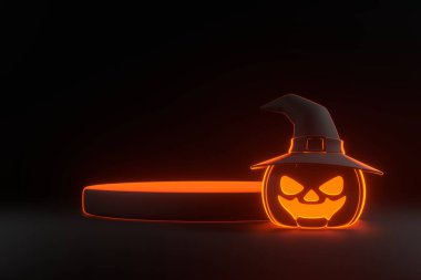 Cadı şapkası ve podyum takan balkabağı Jack-o-Lantern parlak parlak parlak turuncu neon ışıklarıyla siyah arka planda sergilenecek. Mutlu Cadılar Bayramı konsepti. 3 Boyutlu resimleme