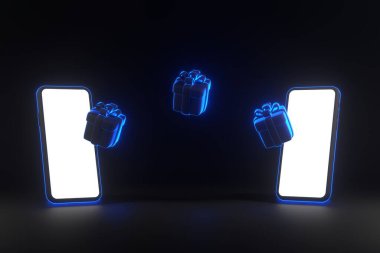 Hediye kutuları ve parlak parlak parlak parlak parlak parlak parlak neon ışıkları olan akıllı telefon. Cadılar Bayramı satış şablonu. Geleneksel Ekim tatili. 3 Boyutlu resimleme