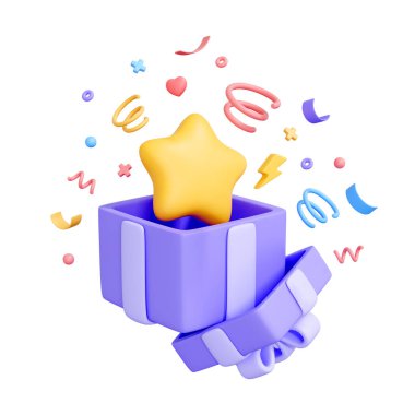 Üzerinde beyaz arka planda izole edilmiş konfetilerle çevrili sarı bir yıldızın yüzdüğü mor hediye kutusunu aç. Yaratıcı çizgi film tasarım ikonu. 3 Boyutlu resimleme