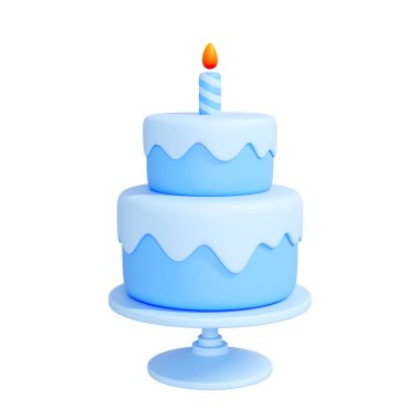 Beyaz kremalı mavi iki katlı doğum günü pastası ve beyaz arka planda izole edilmiş tek bir mum. Yaratıcı çizgi film tasarım ikonu. 3 Boyutlu resimleme