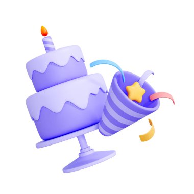 Üzerinde tek bir mum olan mor bir doğum günü pastası ve konfetili mor bir parti popper ve beyaz arka planda izole edilmiş bir yıldız. Yaratıcı çizgi film tasarım ikonu. 3 Boyutlu resimleme