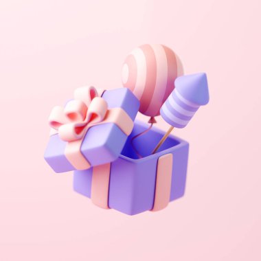 Pembe kurdeleli mor hediye kutusu açık duruyor, pembe çizgili bir balon ve mavi-beyaz çizgili bir kestane fişeği gösteriyor. Yaratıcı çizgi film tasarım ikonu. 3 Boyutlu resimleme